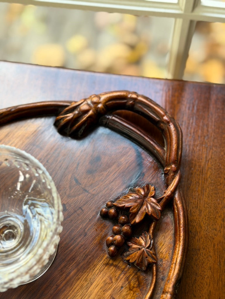 Hand Carved Oval Wooden Tray with Grapevine Detail