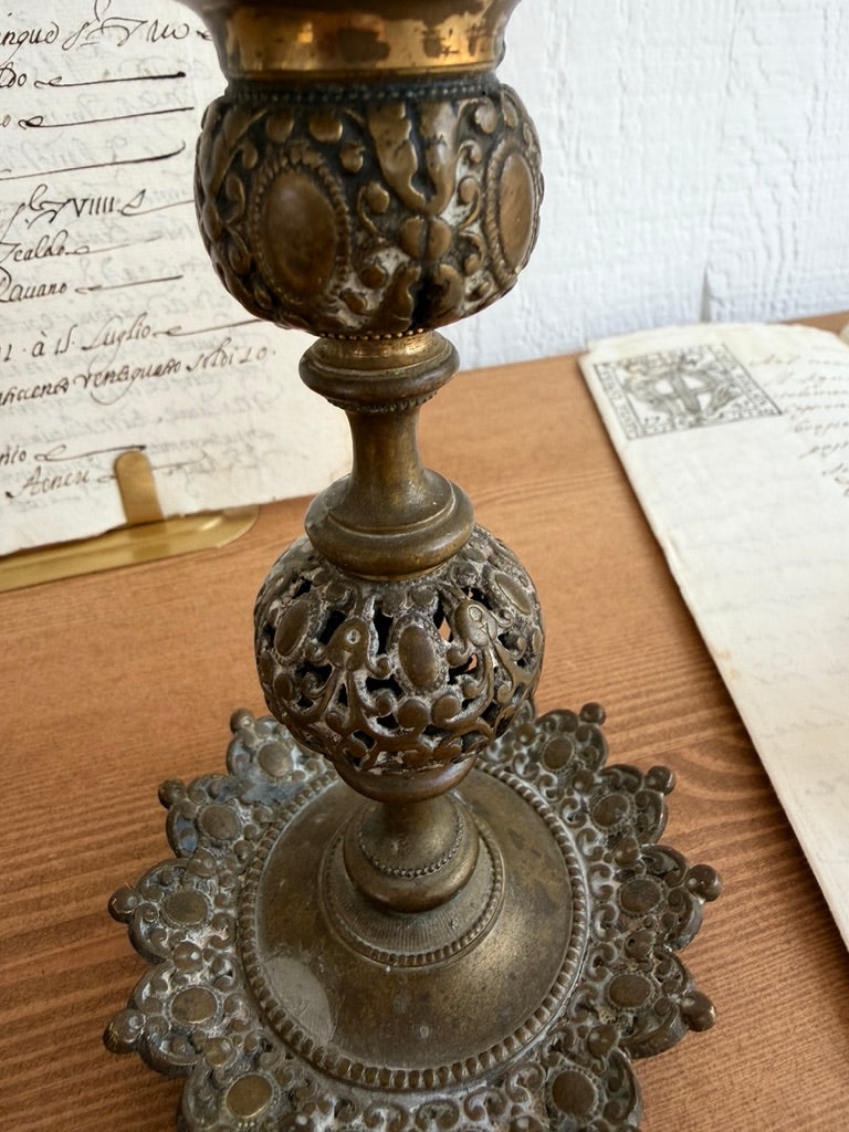 Pair of Antique French Brass Candlesticks with Pierced and Repoussé Detail