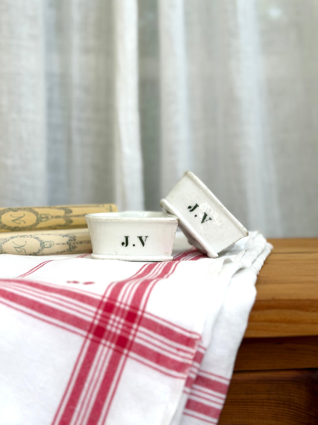 Pair of Antique French Porcelain Faisselle Molds with J.V. Monogram