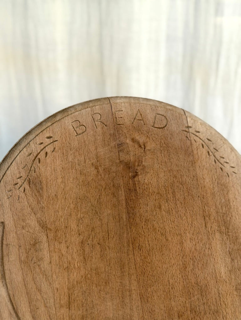 Vintage Round Wooden Breadboard with Carved Wheat Detail