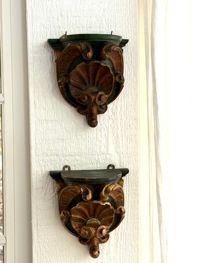 Pair of Italian Carved Wood Corbels in Green and Gold