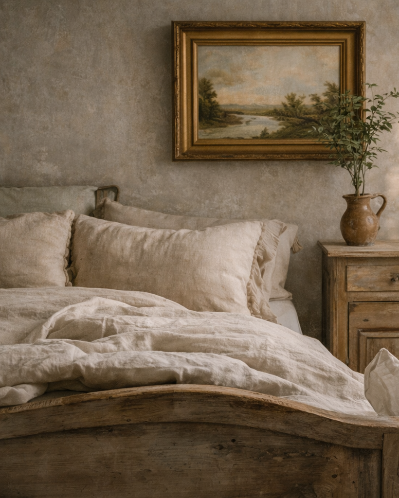 Cozy bedroom with wooden bed, nightstand, and framed painting on the wall.