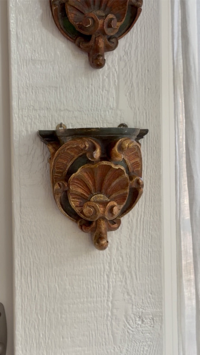 Pair of Italian Carved Wood Corbels in Green and Gold