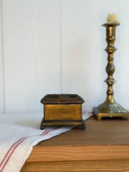 Antique Brass Casket Box with Tufted Silk Interior
