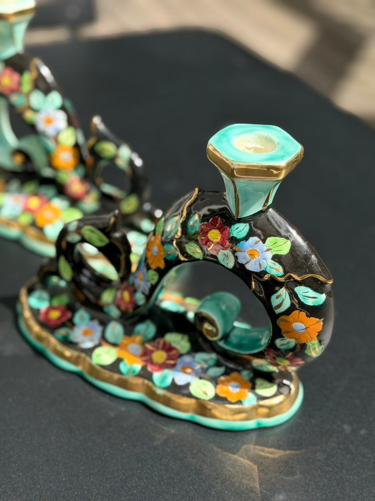 Pair of Vintage Cérart Monaco Floral Candlesticks