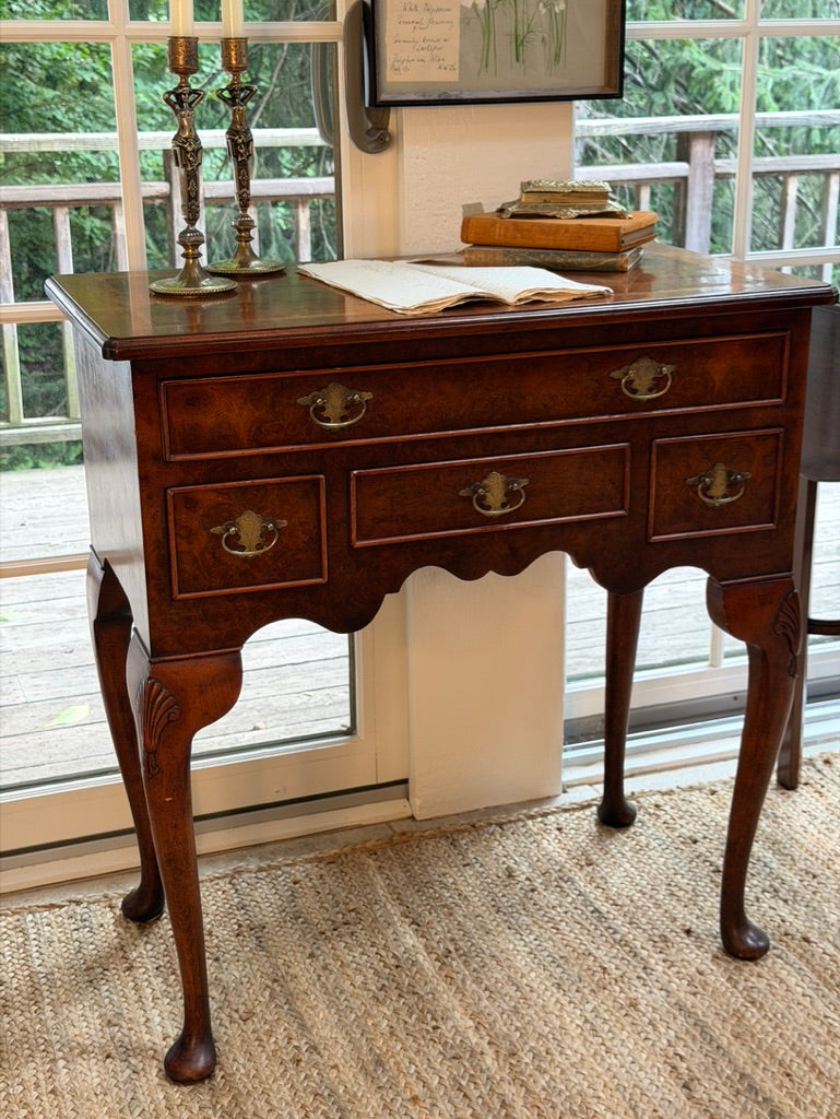 Vintage English Queen Anne Style Burr Walnut Lowboy