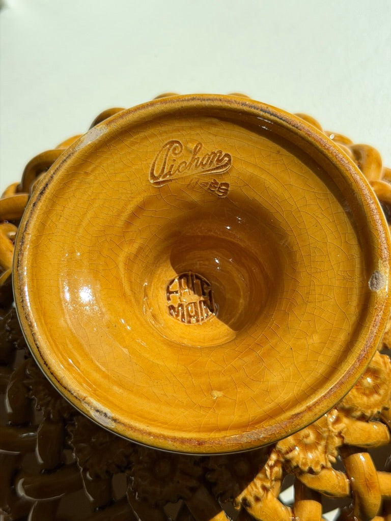 Vintage Maison Pichon Uzès Woven Ceramic Pedestal Fruit Basket
