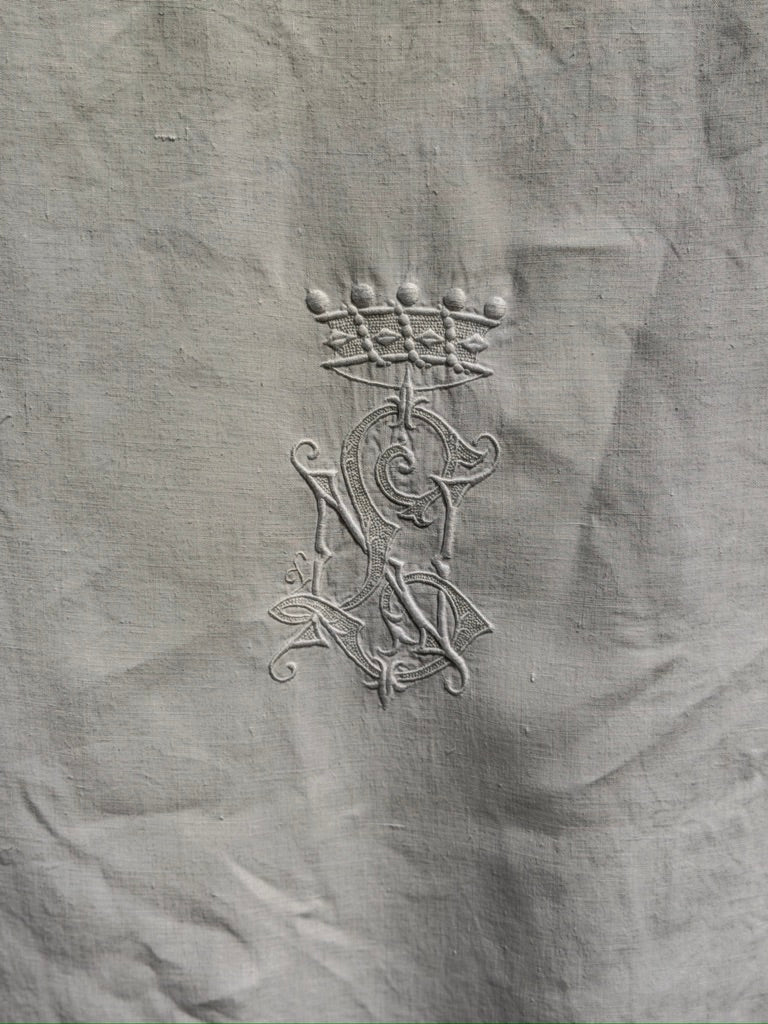 Antique French Linen Sheet & Pillowcase Set with Crowned Monogram