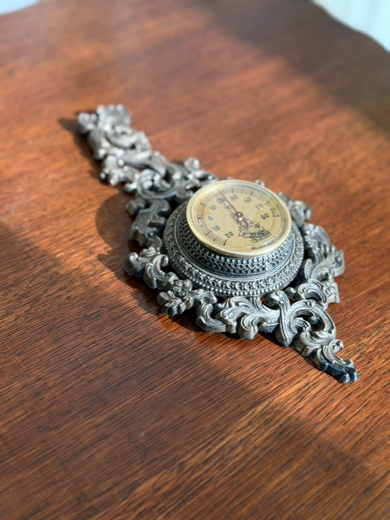 Vintage French Wall Thermometer, Celsius Dial with Sailing Ship, Ornate Rococo-Style Metal Frame
