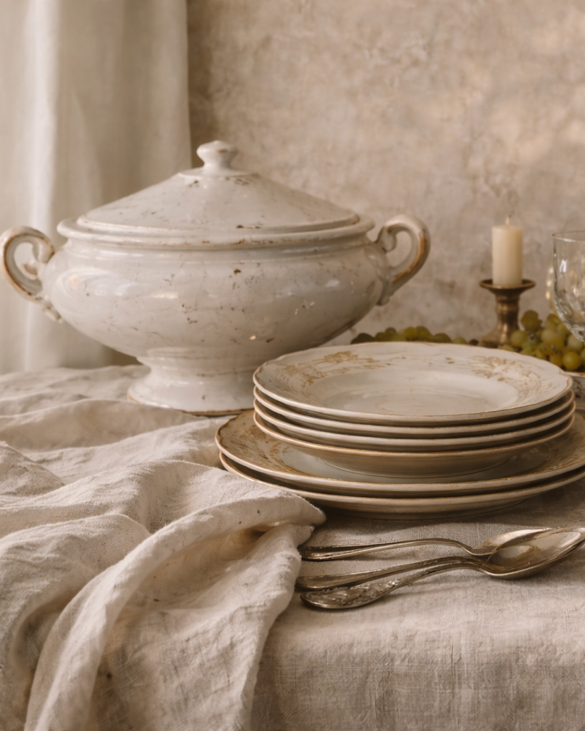 Dining table setting with ceramic plates, glasses, and a tureen on a textured surface.
