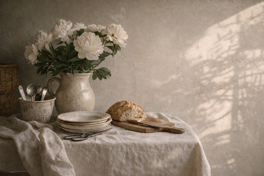 Table setting with white flowers, bread, and utensils on a textured wall background