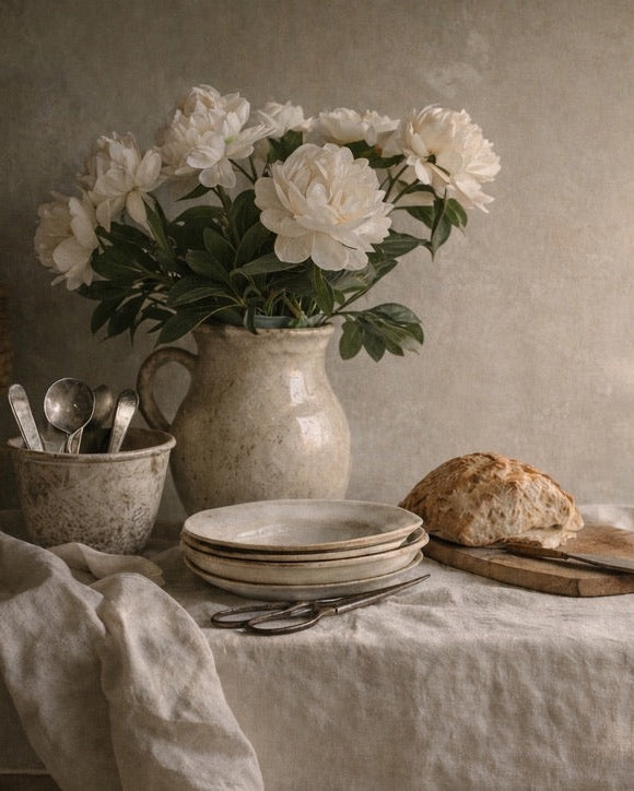 Table setting with white flowers, bread, and utensils on a textured wall background