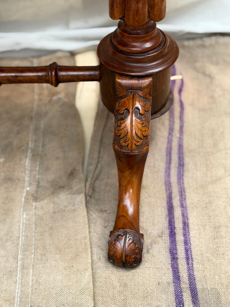 19th Century English Walnut & Burl Victorian Stretcher Table with Maple Inlay
