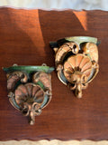 Pair of Italian Carved Wood Corbels in Green and Gold