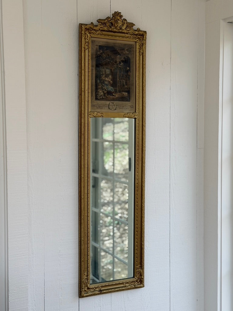 French trumeau full length mirror featuring an antique pastoral engraving.