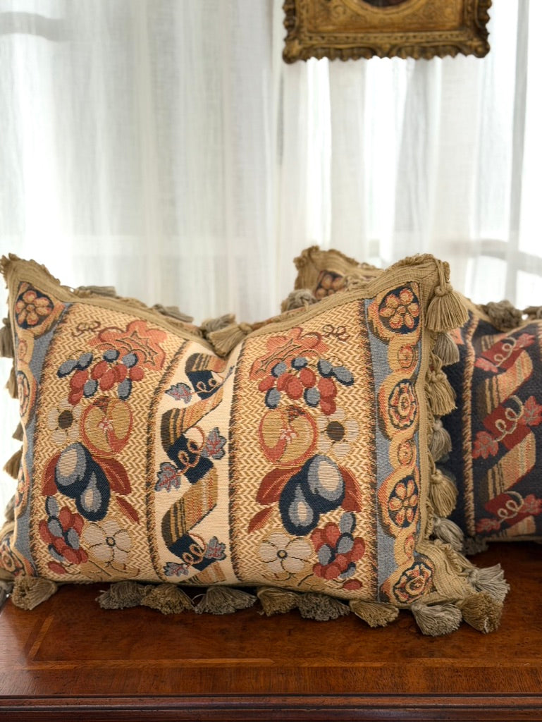 Pair of Floral Jacquard Cushions with Velvet Backs and Tassel Fringe
