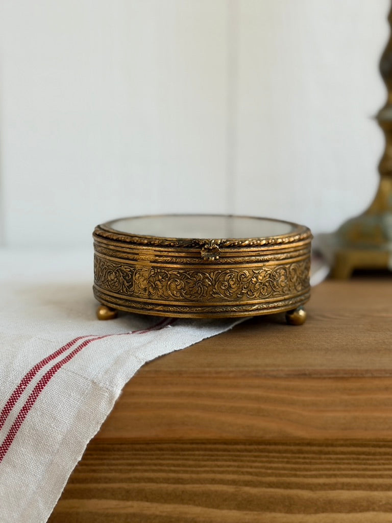 Antique French Round Glass Jewelry Box with Gilt Mounts