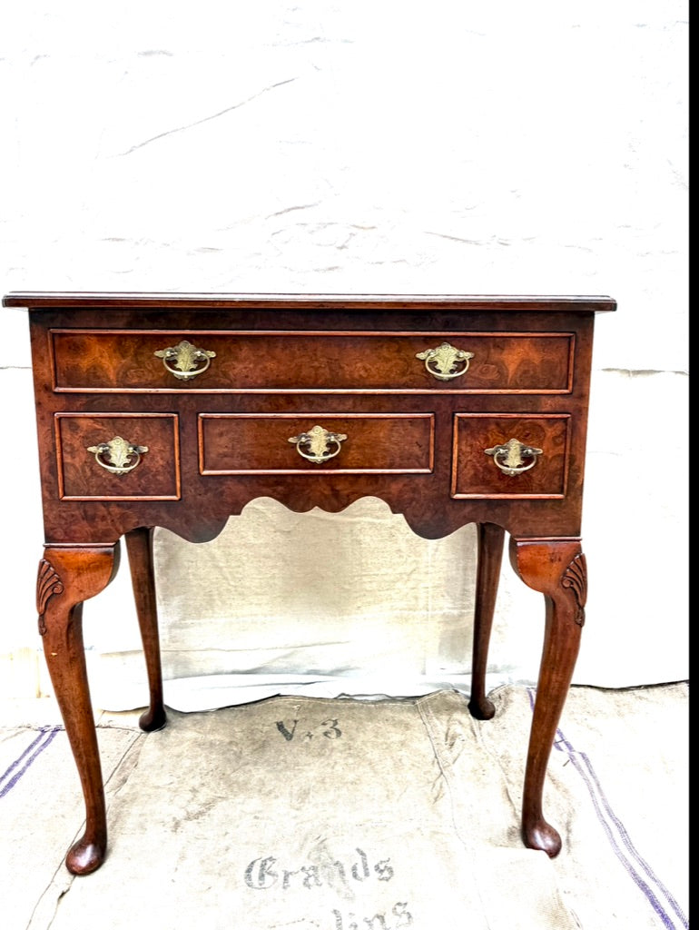 Vintage English Queen Anne Style Burr Walnut Lowboy