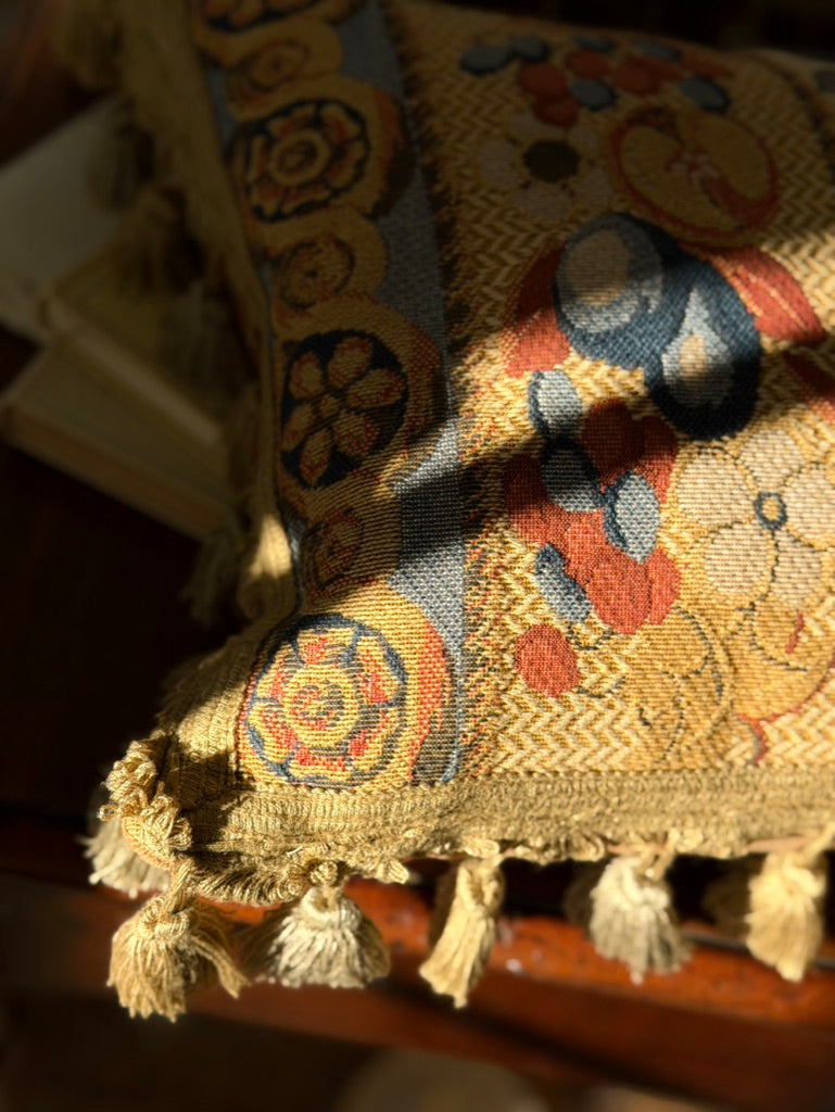 Pair of Floral Jacquard Cushions with Velvet Backs and Tassel Fringe