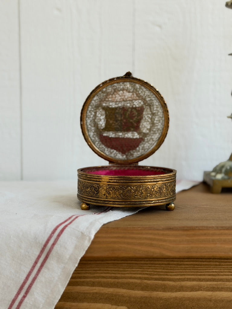 Antique French Round Glass Jewelry Box with Gilt Mounts