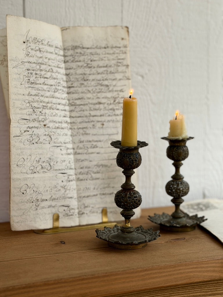 Pair of Antique French Brass Candlesticks with Pierced and Repoussé Detail