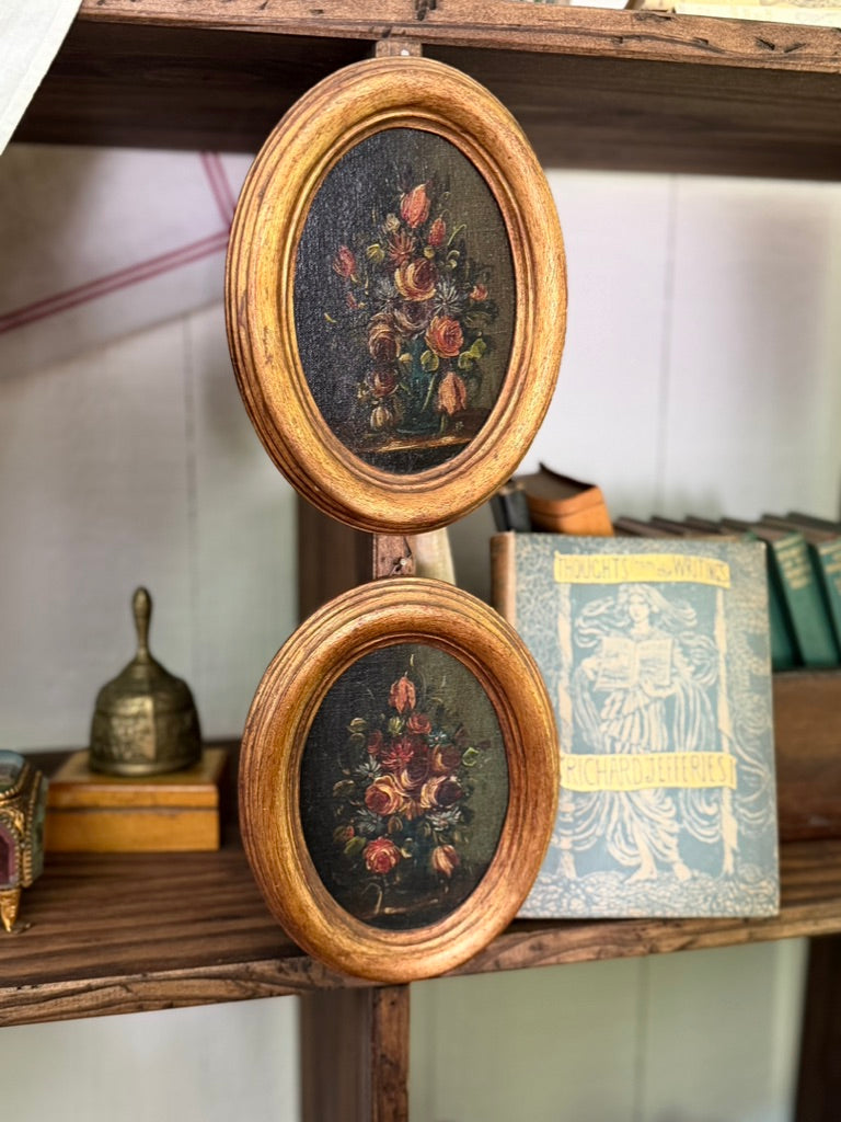 Pair of Vintage Oval Floral Oil Paintings