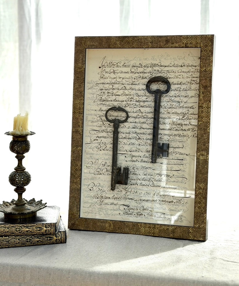 Framed Antique Italian Document with Iron Keys, Gilt Frame