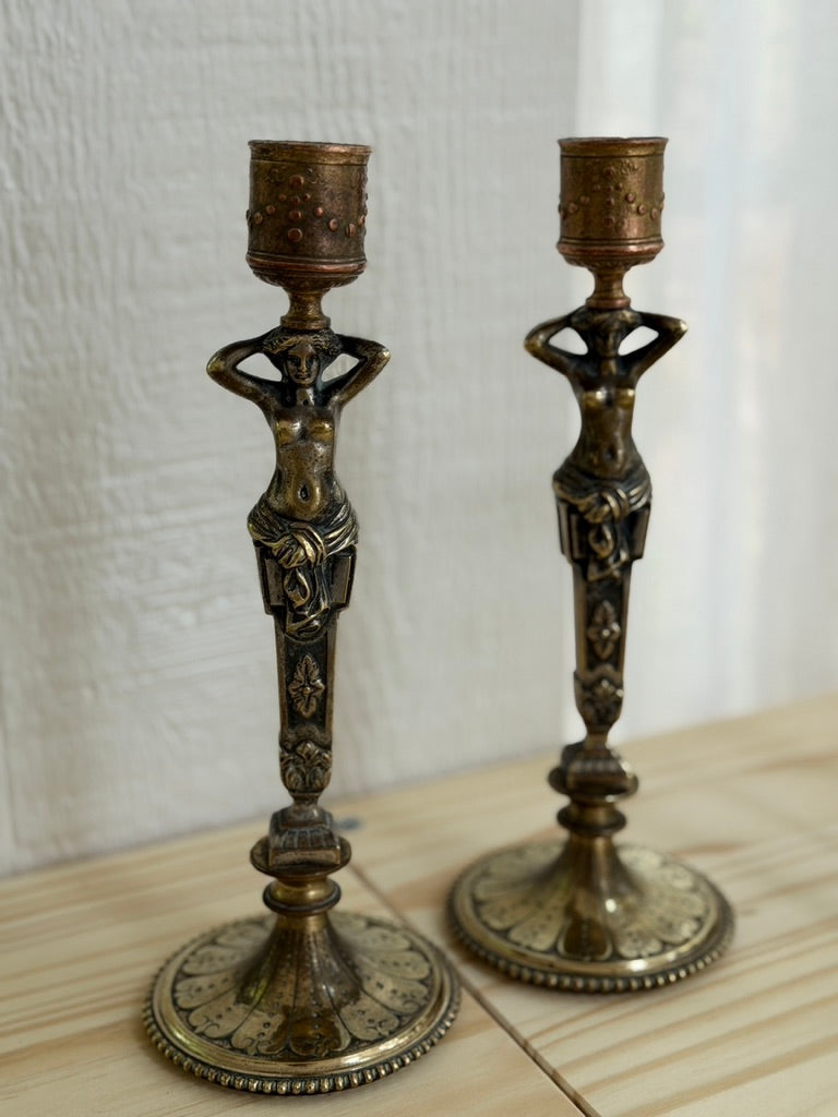 Pair of European Classical Revival Brass Candlesticks