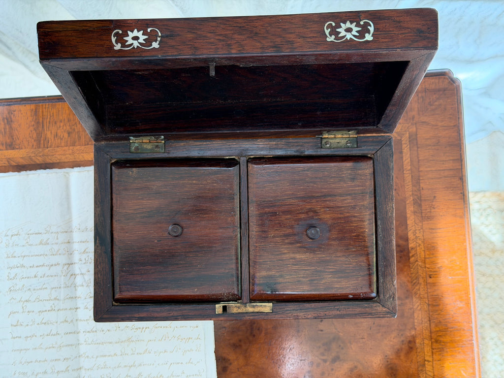 19th-Century English Victorian Inlaid Rosewood Tea Caddy