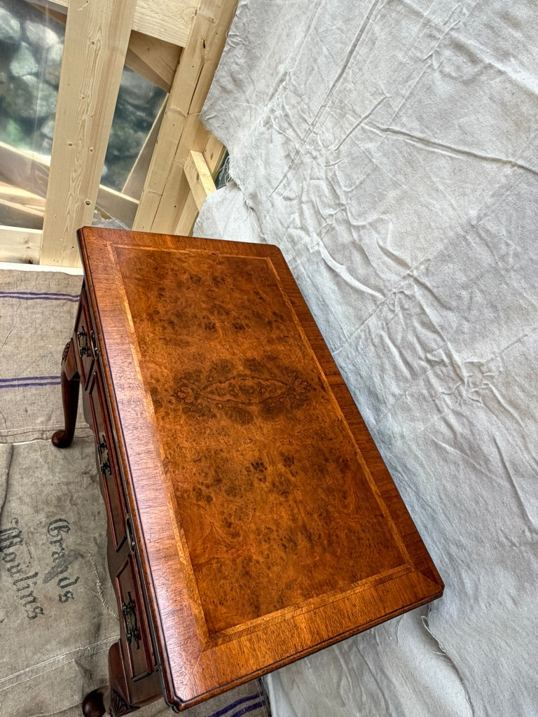 Vintage English Queen Anne Style Burr Walnut Lowboy