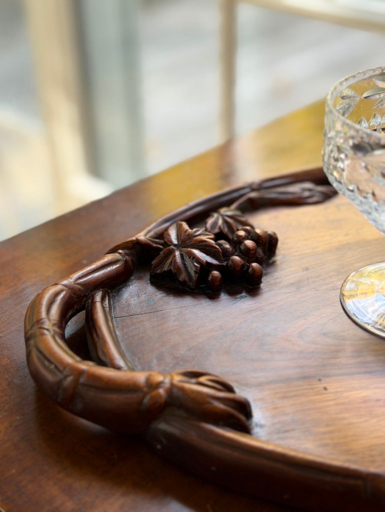 Hand Carved Oval Wooden Tray with Grapevine Detail