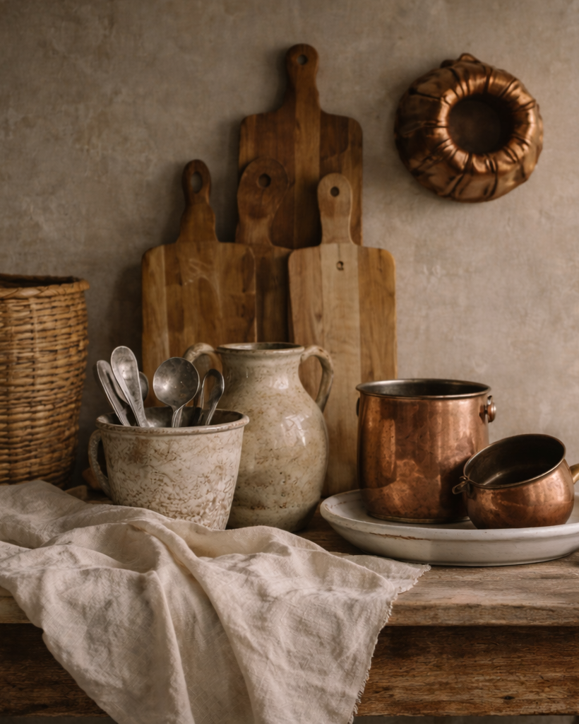 Vintage kitchenware on a wooden table against a textured wall.