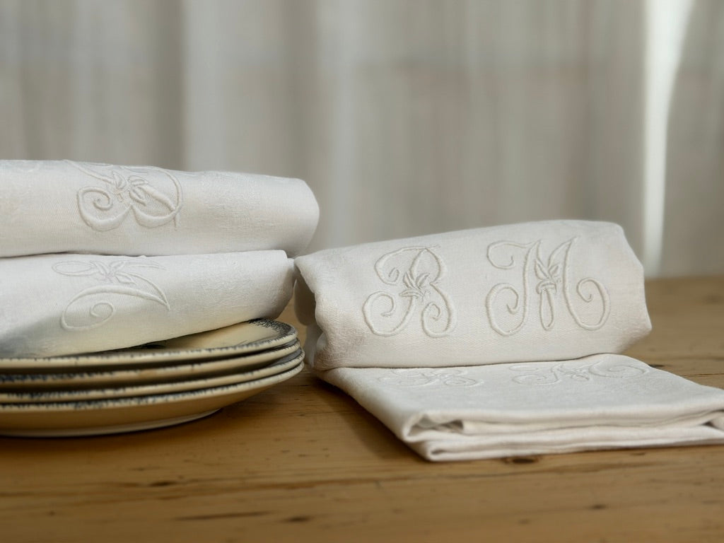 Set of Four Antique French Linen Dinner Napkins | Hand Monogrammed "BM"