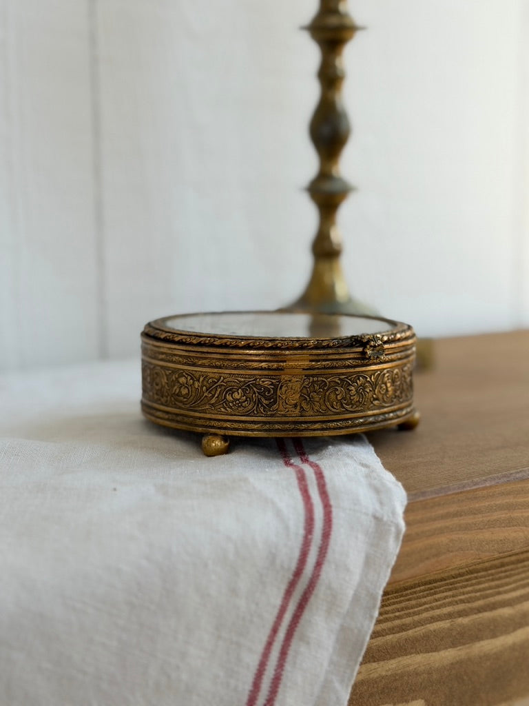 Antique French Round Glass Jewelry Box with Gilt Mounts