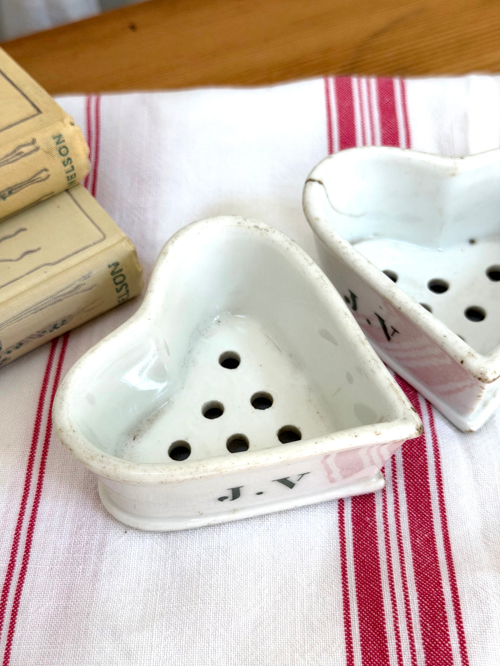 Pair of Antique French Porcelain Faisselle Molds with J.V. Monogram