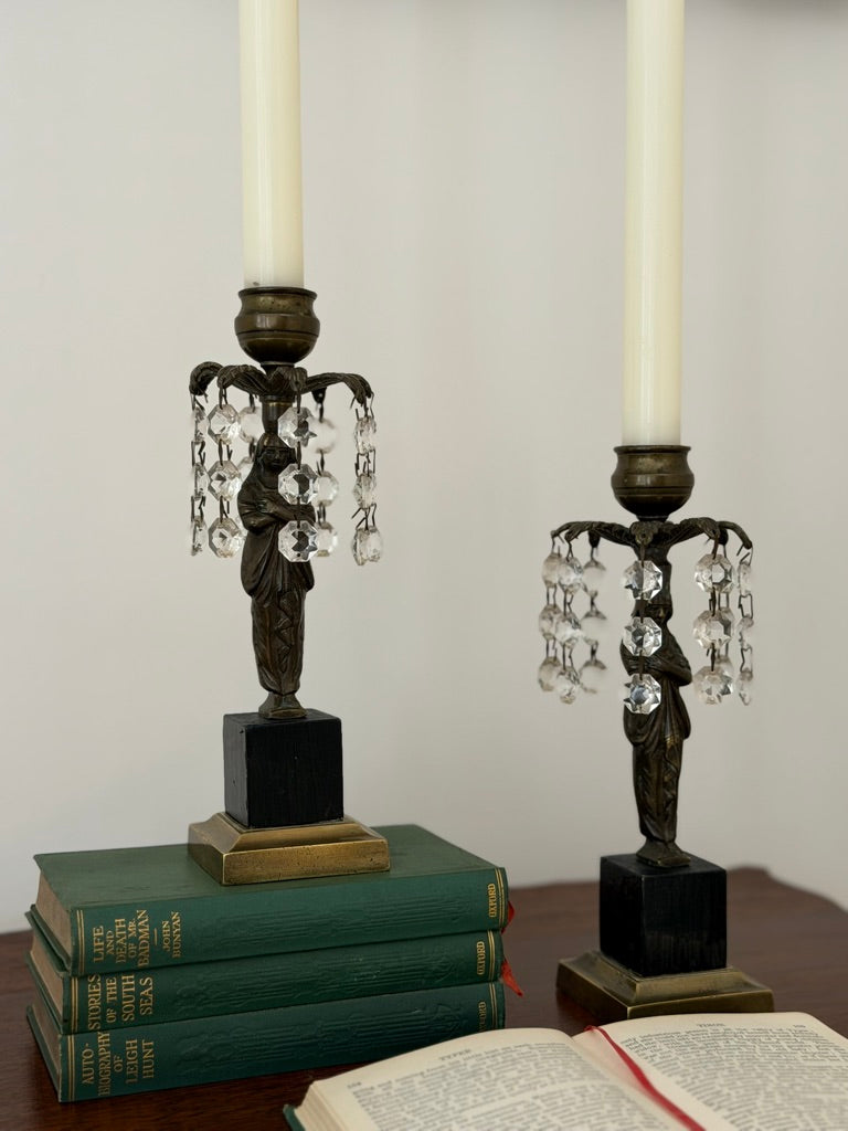 Pair of 19th-Century Bronze Figural Lustre Candlesticks