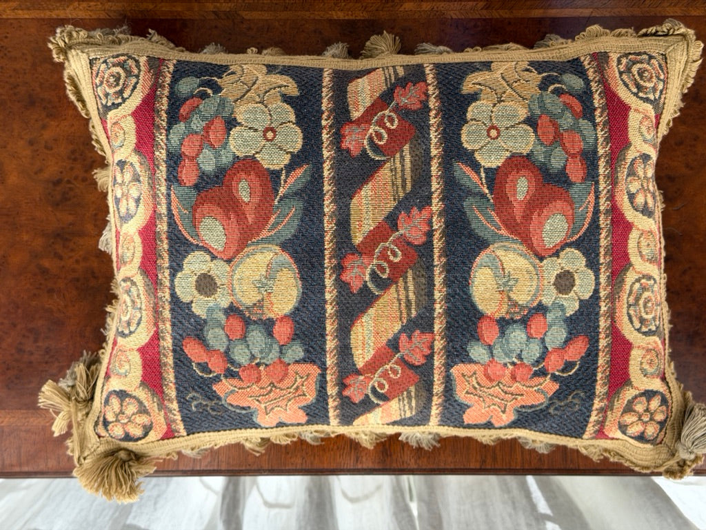 Pair of Floral Jacquard Cushions with Velvet Backs and Tassel Fringe