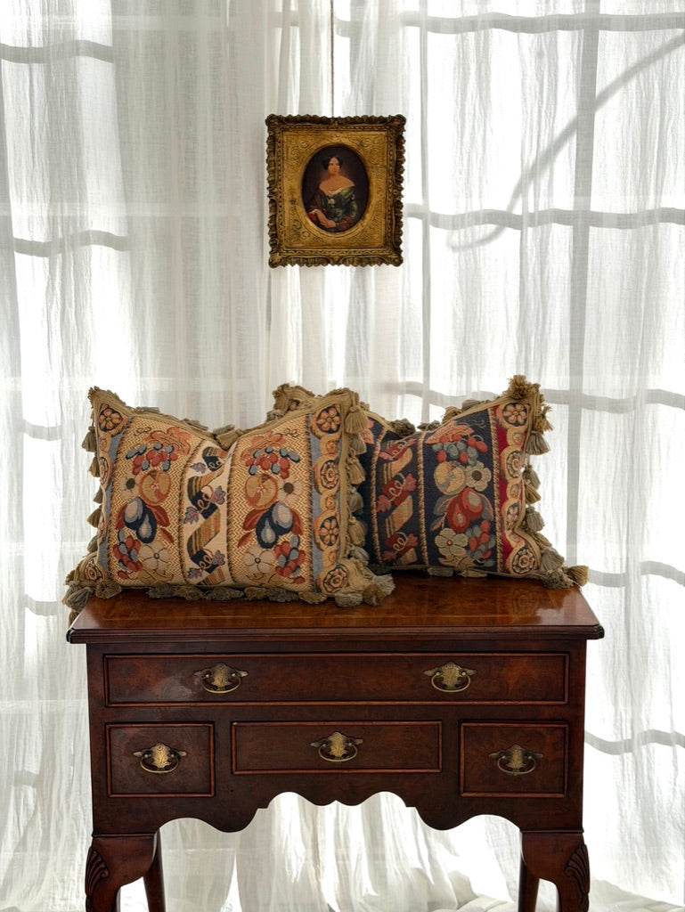 Pair of Floral Jacquard Cushions with Velvet Backs and Tassel Fringe