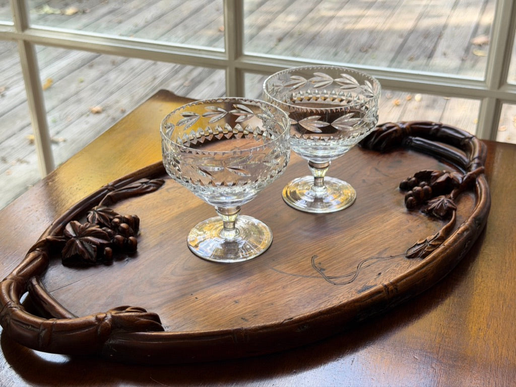 Hand Carved Oval Wooden Tray with Grapevine Detail