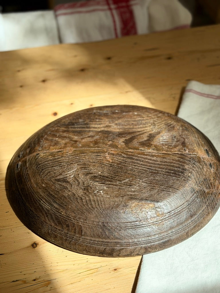 Antique Wooden Dough Bowl with Metal Repair