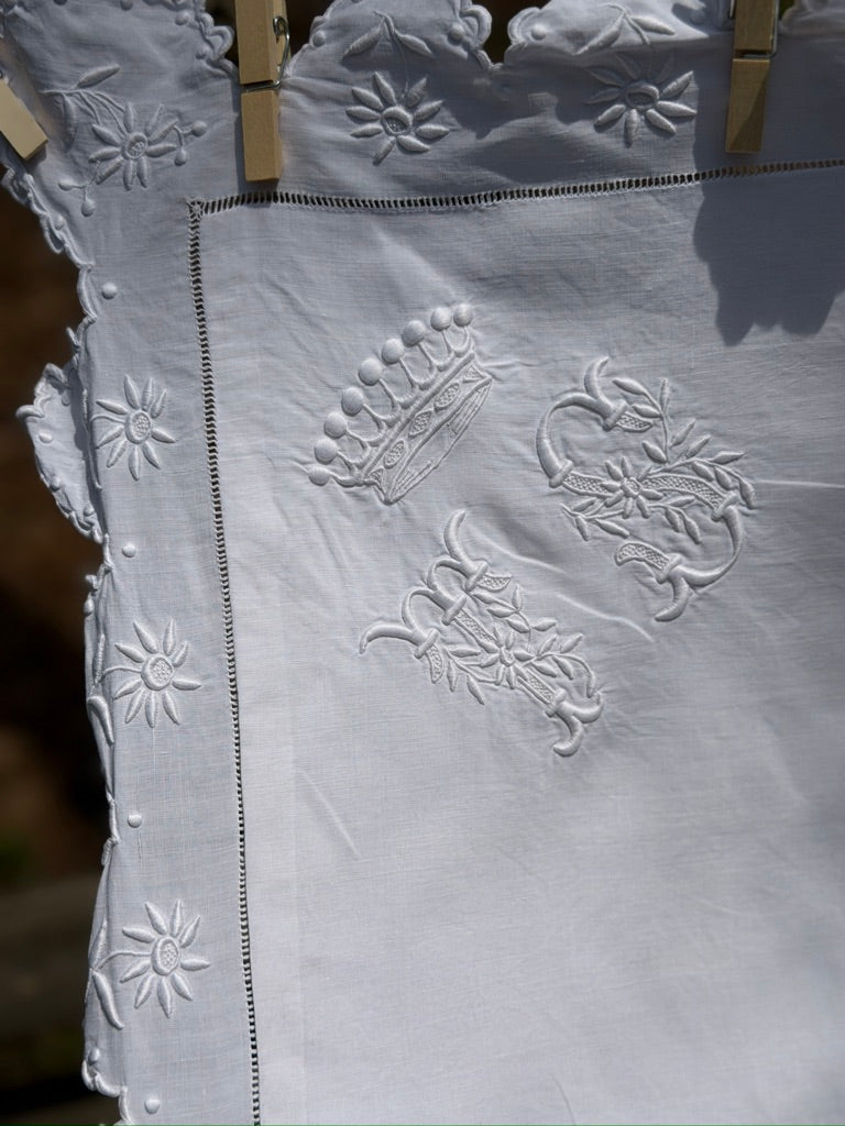 French Antique Crown Monogram Linen Pillow Cover, "TC"