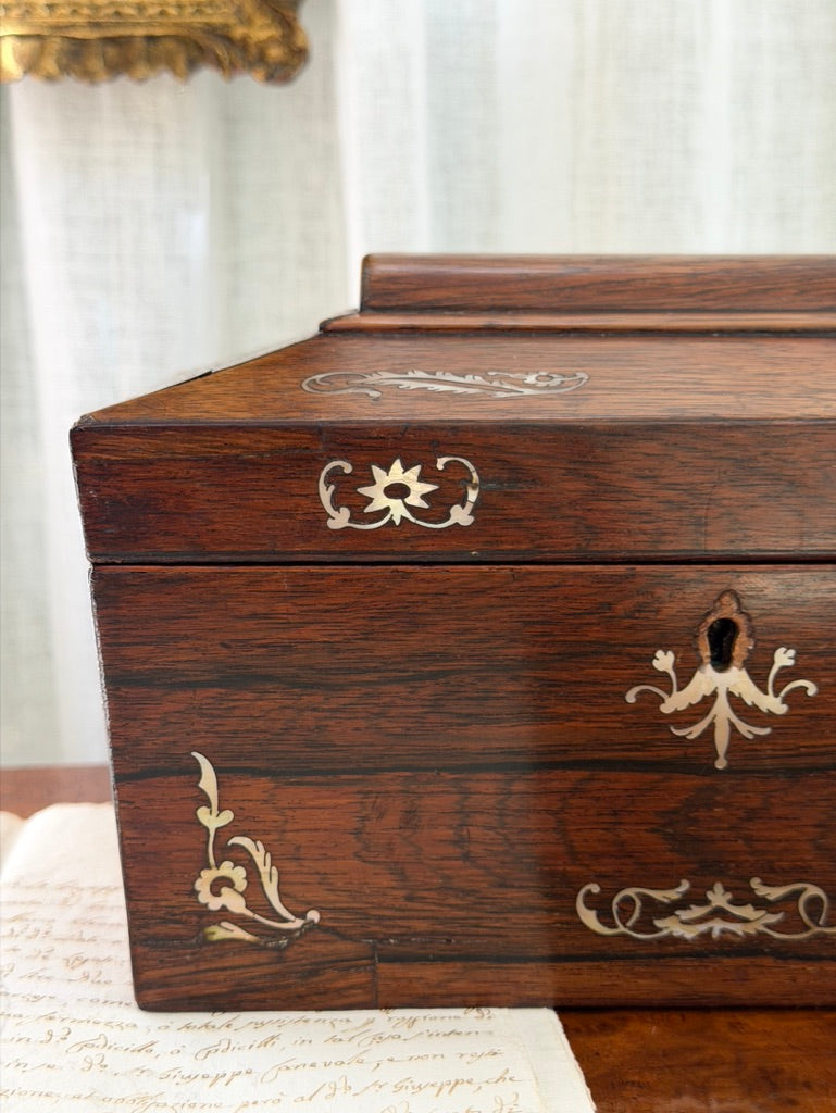 19th-Century English Victorian Inlaid Rosewood Tea Caddy