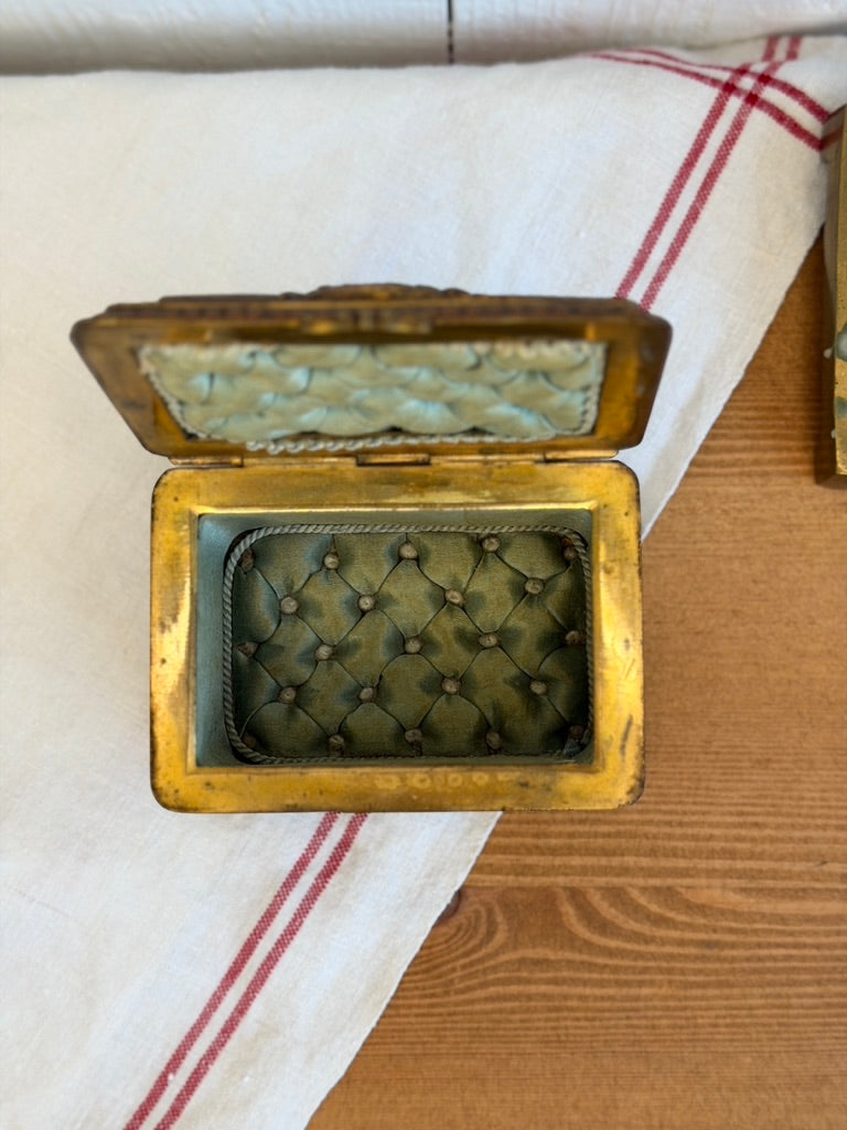 Antique Brass Casket Box with Tufted Silk Interior