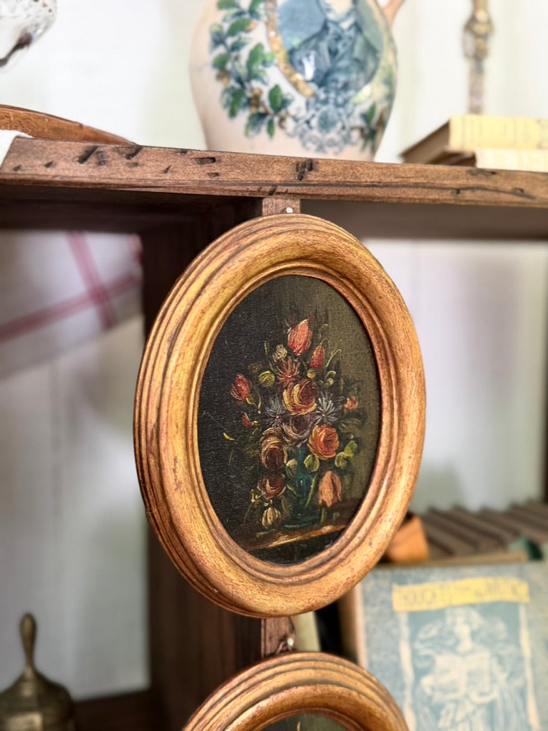 Pair of Vintage Oval Floral Oil Paintings