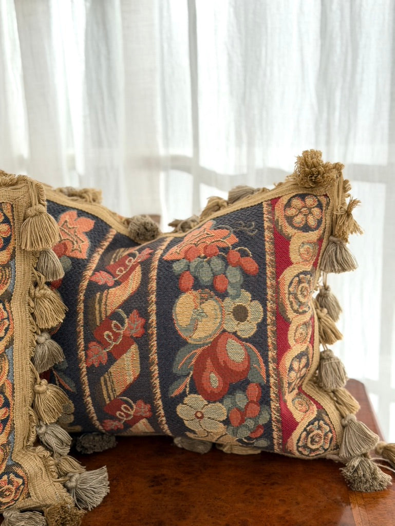 Pair of Floral Jacquard Cushions with Velvet Backs and Tassel Fringe