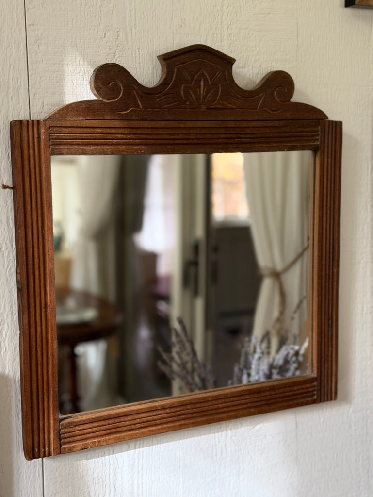 Vintage Wood Framed Mirror with Carved Crest