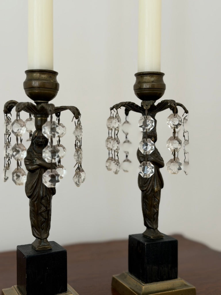 Pair of 19th-Century Bronze Figural Lustre Candlesticks
