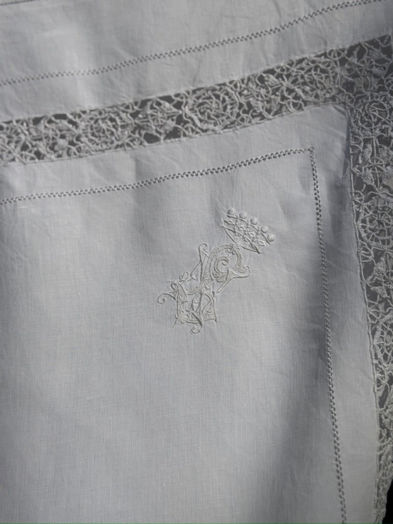 Antique French Linen Sheet & Pillowcase Set with Crowned Monogram