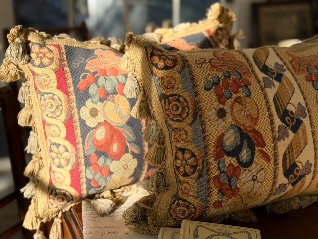Pair of Floral Jacquard Cushions with Velvet Backs and Tassel Fringe