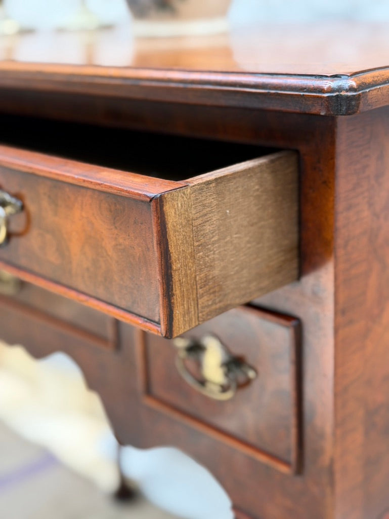 Vintage English Queen Anne Style Burr Walnut Lowboy